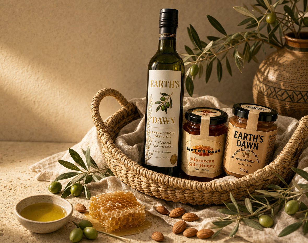 Earth's Dawn olive oil, Moroccan Sidr honey and argan almond butter in a woven basket