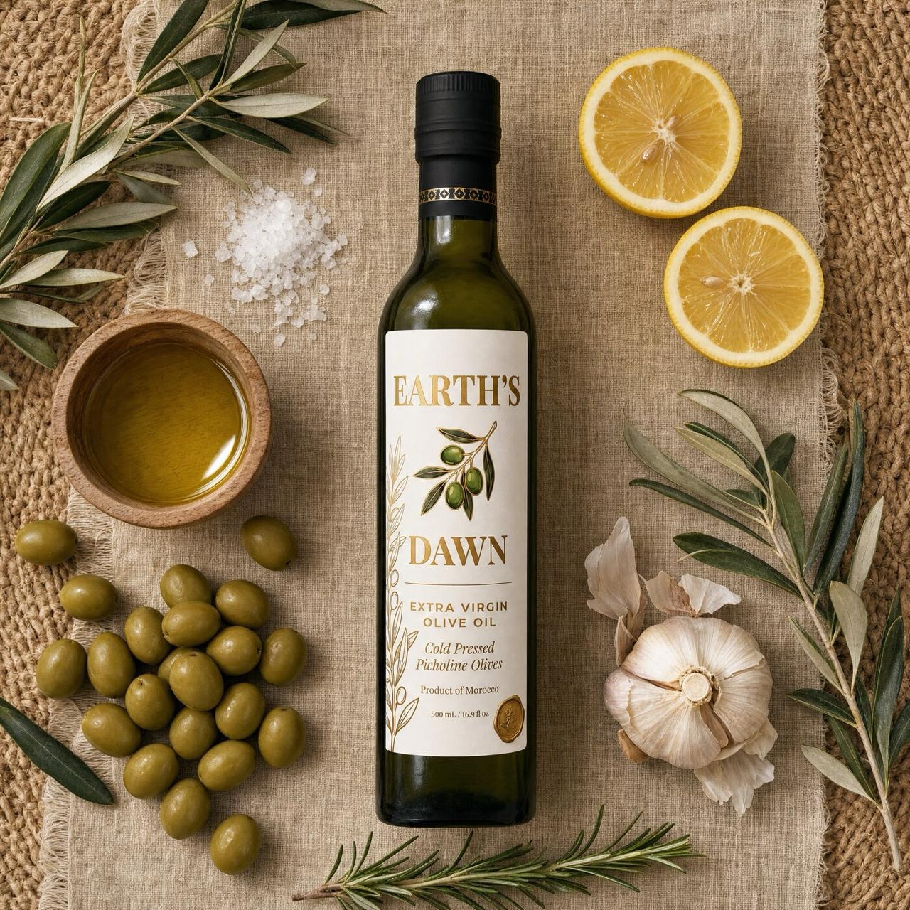 Earth's Dawn olive oil flat lay with olives and lemon
