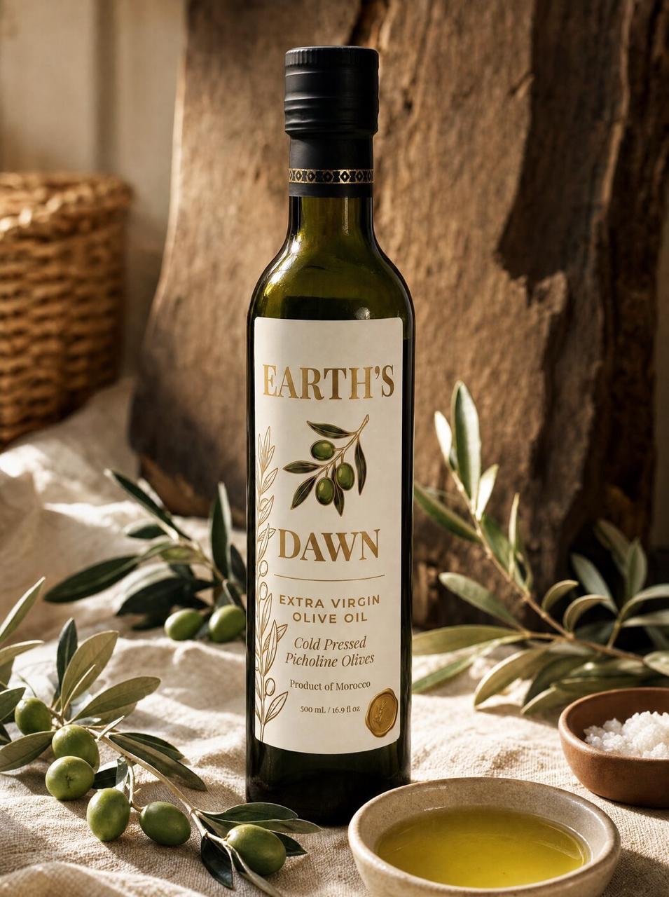 Earth's Dawn olive oil, rustic editorial setting