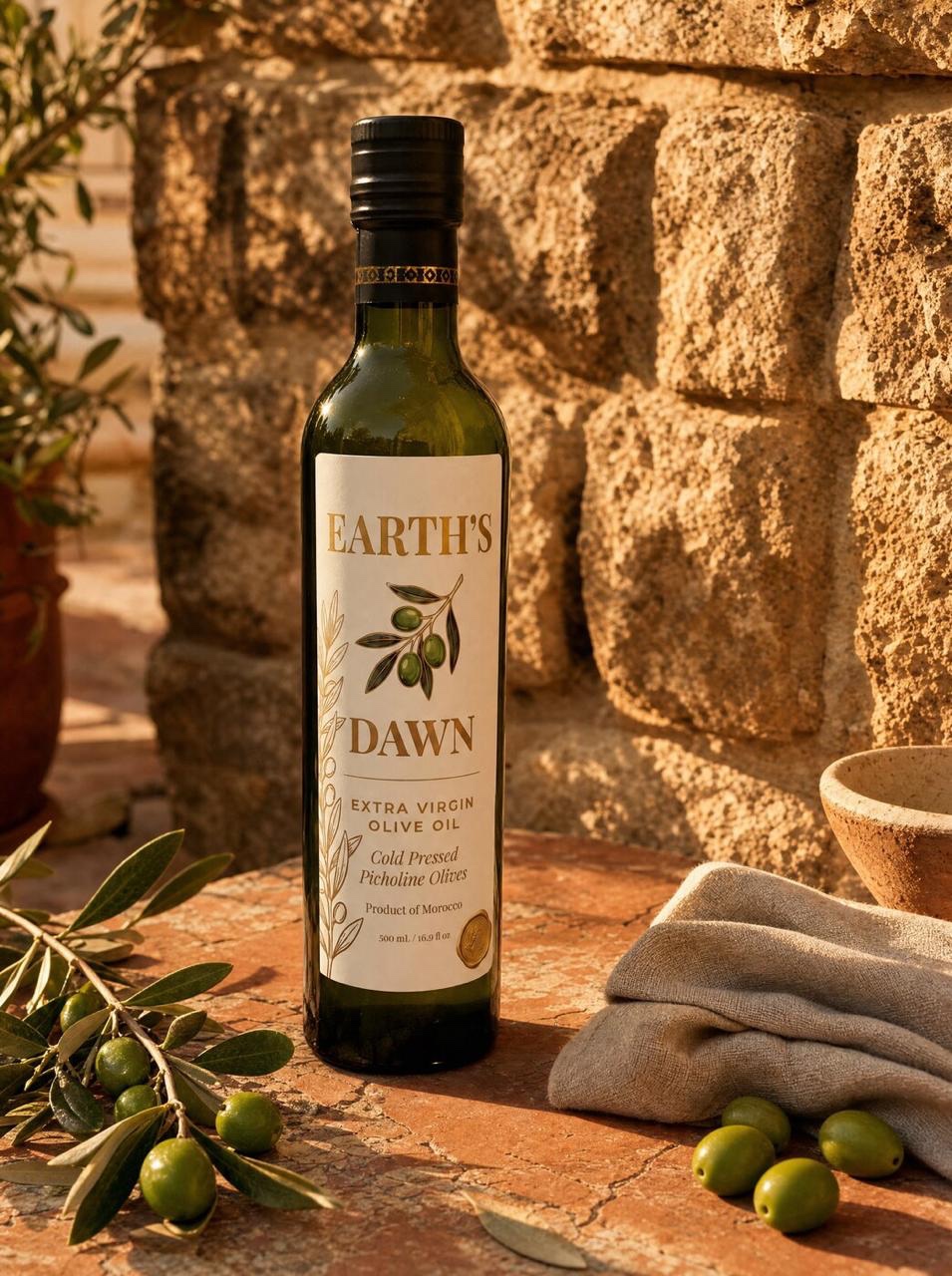 Earth's Dawn Extra Virgin Olive Oil bottle against Moroccan stone wall